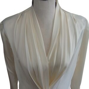 JH Collectibles 100% Silk Ivory Pleated Shawl Collar Blouse 8P Long Sleeve